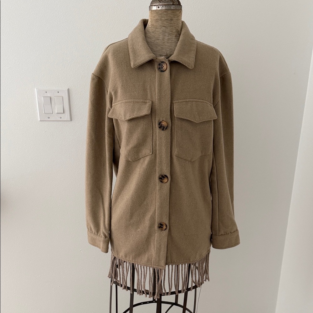 Laundry By Shelli Segal Taupe Fringe-Hem Utility Jacket - Size XS